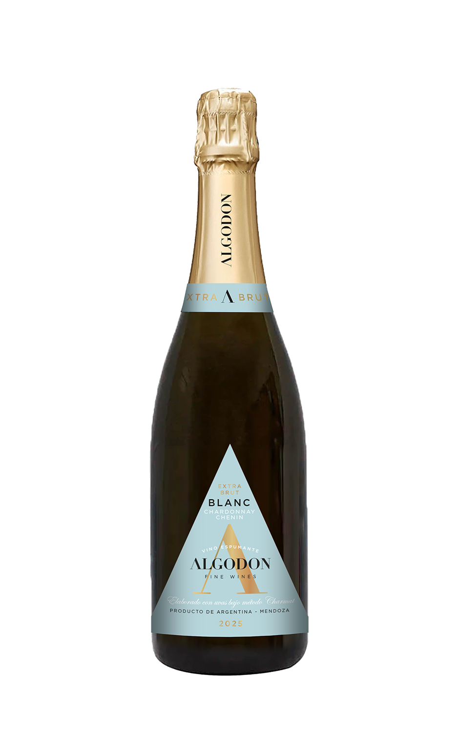 Bottle of Algodón Blanc sparkling wine on a white background